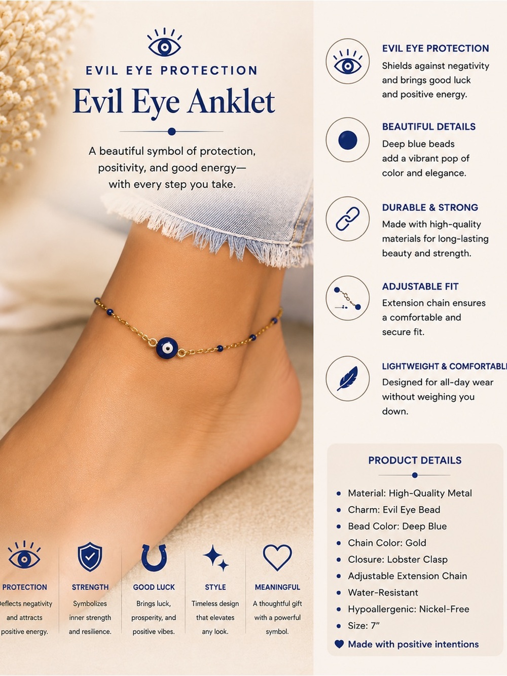 Evil Eye Anklet - Deep Blue and Gold
